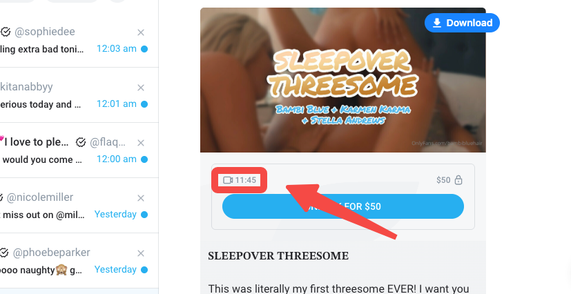 OFDownloader showing the total duration of an OnlyFans bundle in Messages