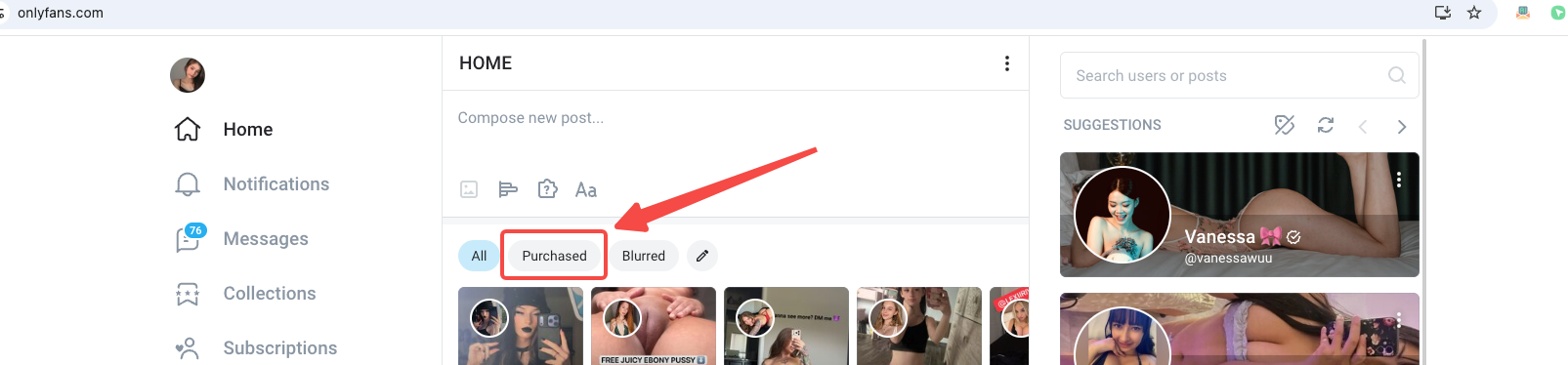 The Purchased filter on the OnlyFans Home page, highlighted above purchased video thumbnails